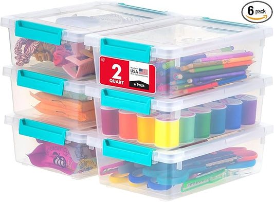 IRIS USA 2 Qt. Craft Storage Bins with Lids, 6-Pack, |Made in USA|, Clip Box, Small Plastic Sensory Bin Tote Organizer Containers for Art Supplies, Paper, & Office, Stackable - Clear/Seafoam Blue