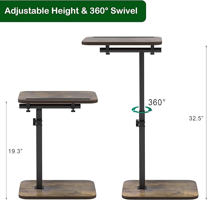 360° Swivel Sofa Side Table for Couch - Set of 2 - Adjustable Height Laptop Table for Work, TV Trays Table for Snacks Reading fits Bed Chair with Phone & Tablet Slot
