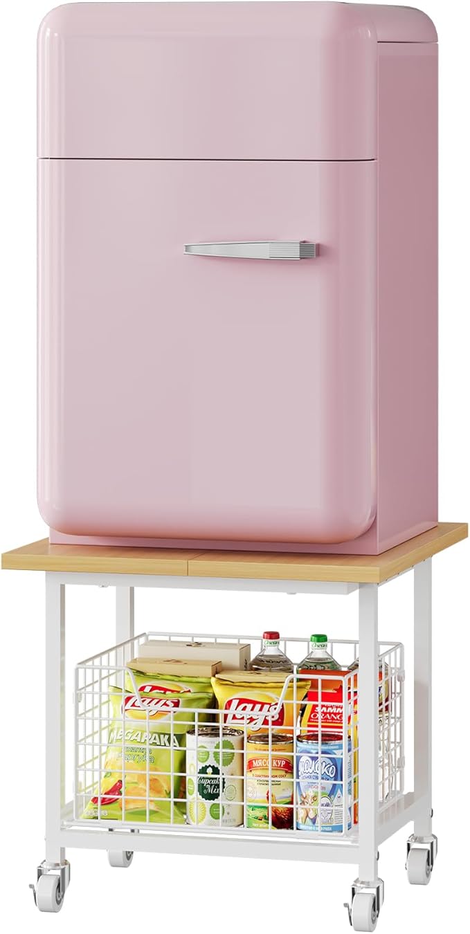 Mini Fridge Stand with Storage, Small Refrigerator Stand with Wheels, Mini Fridge Cabinet-Max Load 300 LBS Heavy Microwave Printer Stand Mini Fridge Cart for Dorm, Apartment, Kitchen, Office (White)