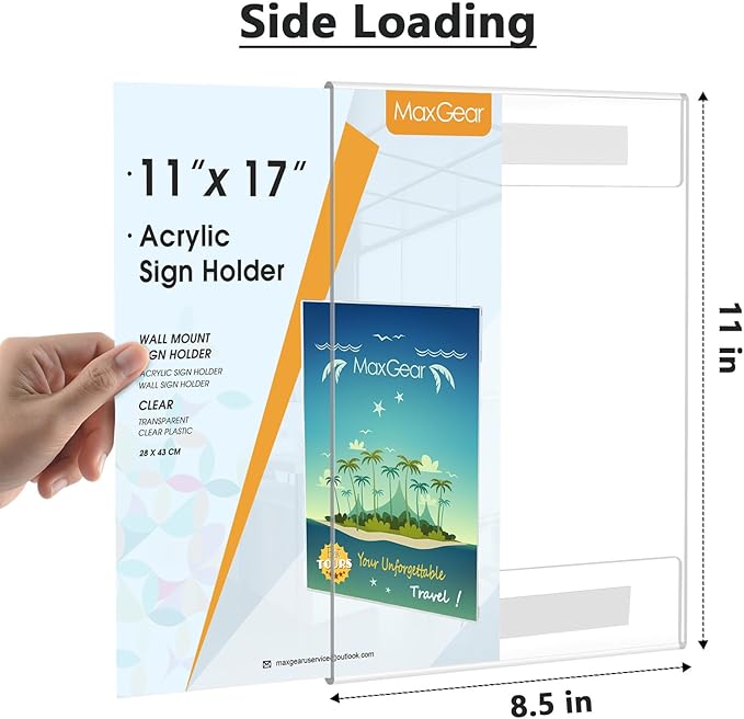 MaxGear 6 Pack Acrylic Sign Holder 11 x 17 Wall Mount Clear Plastic Sign Holder with Double Sided Tape, Plexiglass Document Flyer Acrylic Frame for Office, Home, Store, Restaurant