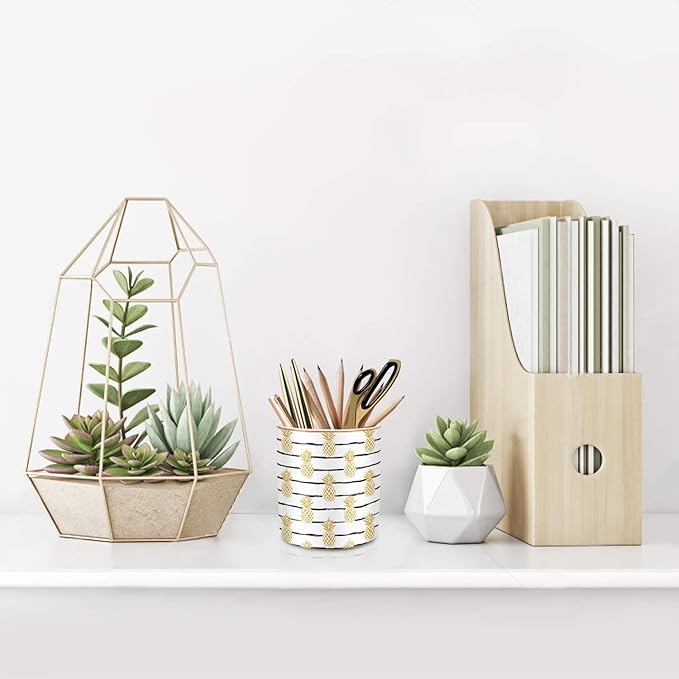 WAVEYU Cute Pencil Holder for Desk, Pineapple Pen Cup Holder, Pretty Office Desk Accessories for Girls Women, Ceramic Workspace Organizers, Makeup Brush Holder for Home, Yellow Pineapple