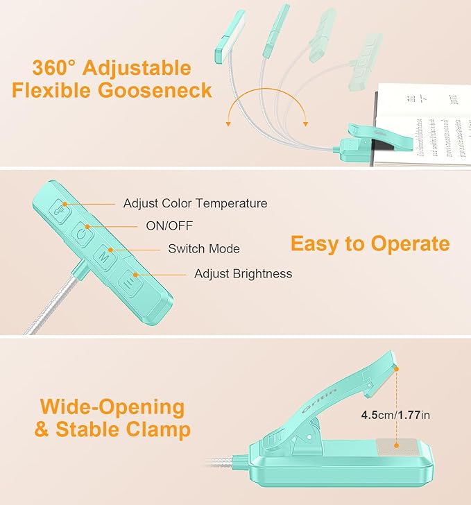 Gritin 2026 Gen 2 Book Light for Reading- 32 Eye Caring Full Spectrum LED, 5 Colors & 5 Brightness, Adjustable Wide/Narrow Beam, Upgrade 1500mAh Long-Lasting Clip on Light for Book Lovers-Blue