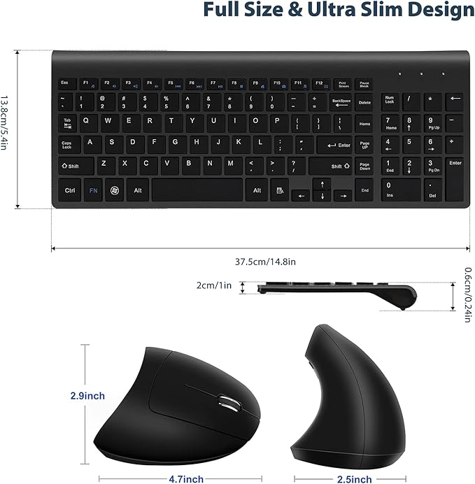 2.4GHz Wireless Vertical Ergonomic Mouse and Keyboard Combo Ultra-Thin Portable Size for PC Desktop Computer Laptop Mac Tablet