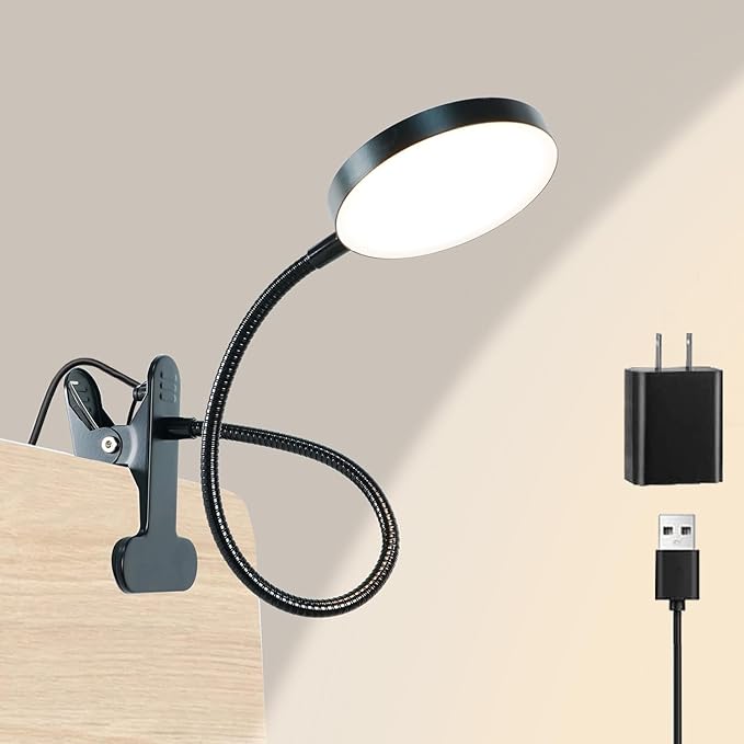 LiFMIRA Desk Lamp, 8W 66 LED Reading Light for Bed, Eye Caring Metal Clip Lamp, 5 Color 10 Brightness Levels, Memory Function, Flexible Desk Lamp, USB Powered, Includes 5V/2A UL Adapter