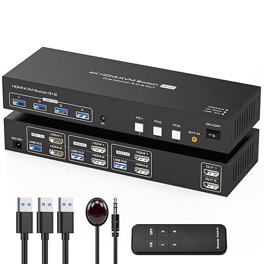 HDMI KVM Switch 2 Monitors 3 Computers Support 4K@60Hz USB 3.0 KVM Switches Share Dual Monitors and 4 USB 3.0 Ports Support Extended/Copy Mode with DC 12V Adapter&Wired Controller