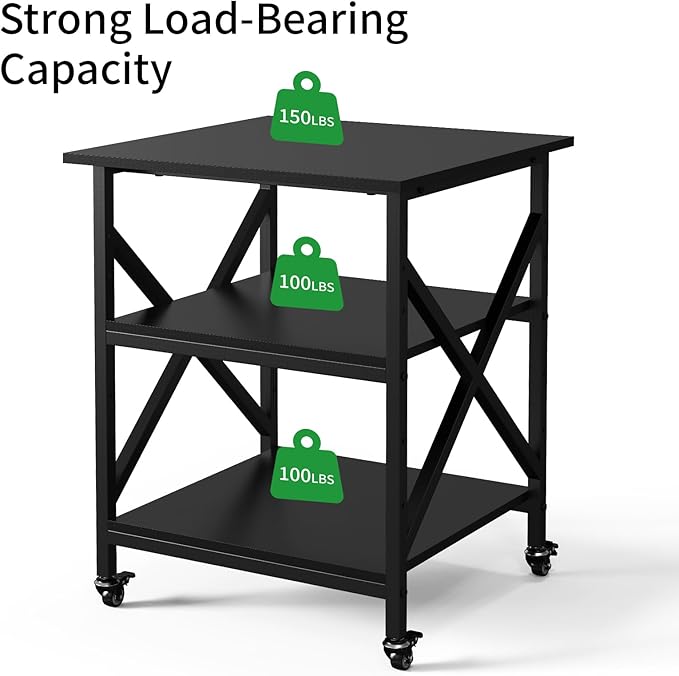 3 Tier Printer Stand, Large Table with Wheels, Rolling Cart with Height Adjustable Middle Storage Shelf, 23.6 x 23.6 x 30.3 Inches Shelf for Home Office, Black