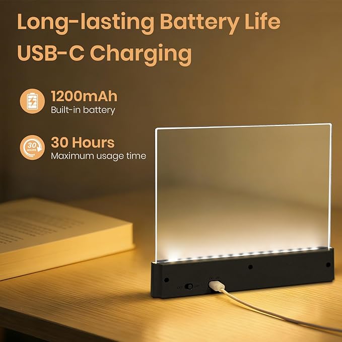 Flat Book Light, Rechargeable Clear LED Smart Reading Light with 3 Colors & Timer, Dimmable Full Page Panel Plate Lamp, Eye Protection, Portable Flat Reading Light for Bedside, Travel, Study (Black)