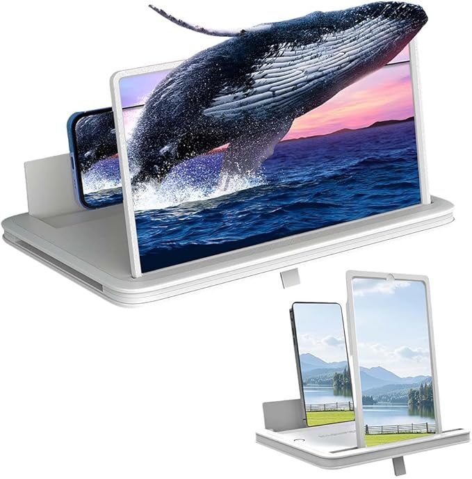 Mobile Phone Magnifier Screen, 3D HD Magnifying Projector Screen Enlarger for Movies Videos and Gaming, Foldable Phone Stand with Screen Amplifier, Compatible with All Smartphones (White A, 14inch)