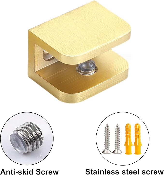 AWEN 4 Pcs Shower Clamp, No Drill Fixed Panel Shower Door Clip Holder Bracket Support U-Clamp (Gold for 1012mm Glass)