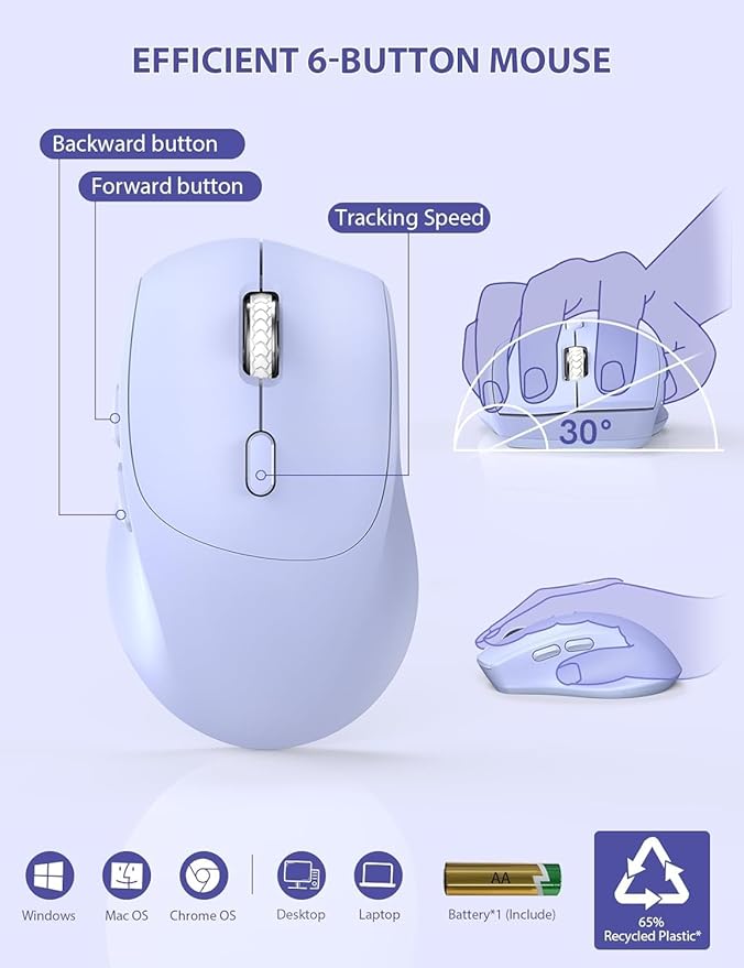 SABLUTE Wireless Keyboard and Mouse, Wrist Rest, Phone Holder, Batteries Included, 2.4G Lag-Free Ergonomic Keyboards Mouse Combo, KM23D Silent Keyboards Set for Computer, Laptop, PC, Windows, Purple