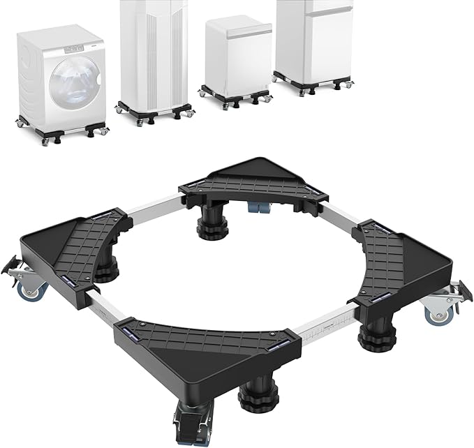 Mini Fridge Stand with 4 Locking Twin Wheels Washing Machine Stand Base 4 Strong Feet Adjustable Universal Mobile Roller Base for Furniture Portable Refrigerator Dryer Stand 45-65 cm(Black, 440LB)