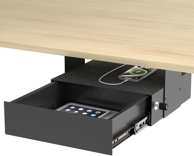 Under Desk Lockable Drawer, Slide-Out Storage Organizer with Full Extension Ball-Bearing Slides, Carbon Steel Undermount Drawer for Home Office Standing Desk, Black, 13.8 Inch