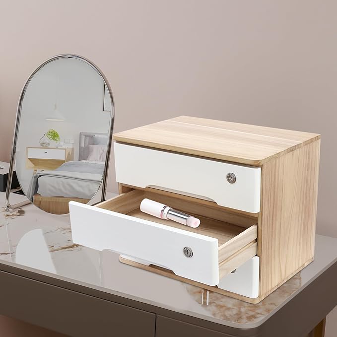 Wooden Desk Organizer with Drawers & Lock Desktop Storage Cabinet Tabletop Organizing Unit for Home Office Supplies File Stationery Jewelry (Light Brown, 3 Tiers)