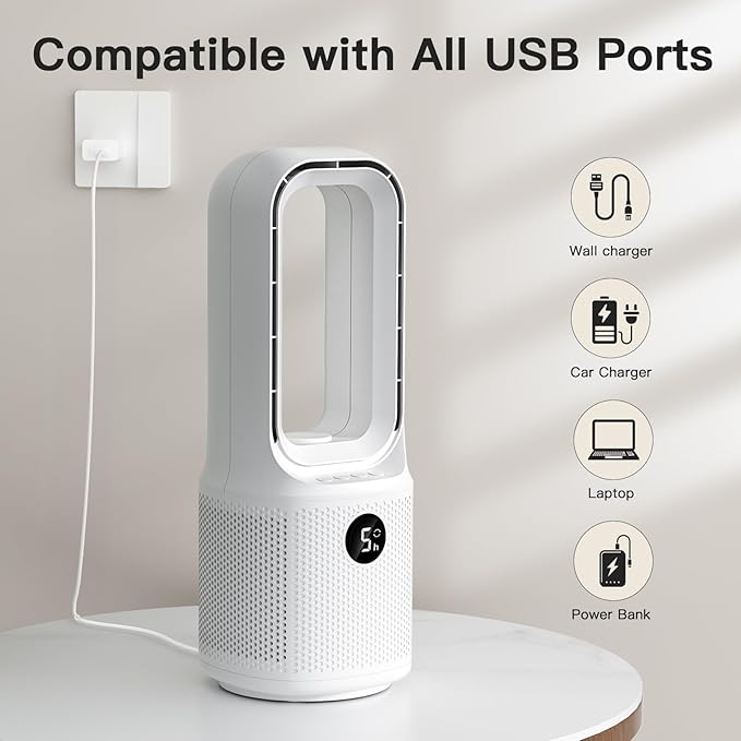 let'me Bladeless Desk Fan Small Quiet,5-Speed Bedside Table Fan with 3-Level Brightness Night Light, 72° Oscillation, 9-Hour Timer, Wired Power with Adapter,Fan for Bedroom Office Home,13x5 Incn
