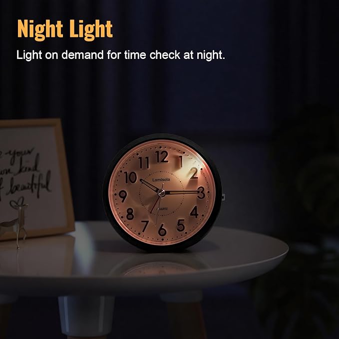 Lamisola Small Desk Clock, Battery Operated Travel Clock, Compact Analog Alarm Clock for Bedroom Home Office Bathroom Kitchen, Silent Large Display- Black