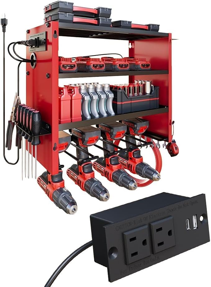 4-Tier Power Tool Organizer, Built-in 2-Outlet Charging Station for Small Garages, 400lb Capacity 12mm Steel Drill Holder & Battery Storage for DIY Home Workshops (4 Slots with 2 Outlets Power Strip)