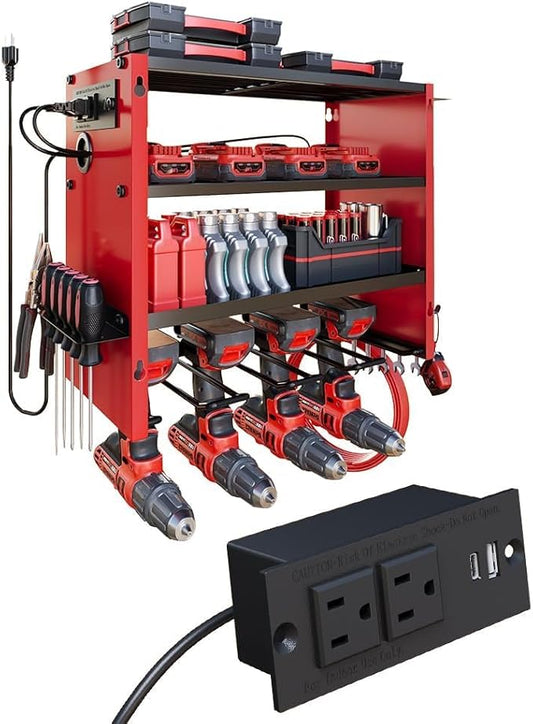 4-Tier Power Tool Organizer, Built-in 2-Outlet Charging Station for Small Garages, 400lb Capacity 12mm Steel Drill Holder & Battery Storage for DIY Home Workshops (4 Slots with 2 Outlets Power Strip)