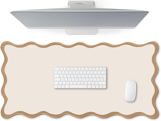 Hahafelt Scalloped Desk Mat Large Scalloped Piping Cute Desk Mat Aesthetic Preppy Table Pad Large Nonslip Pad with Edge Stitching Waterproof Gaming(Beige,31.5 x 15.8 Inches)