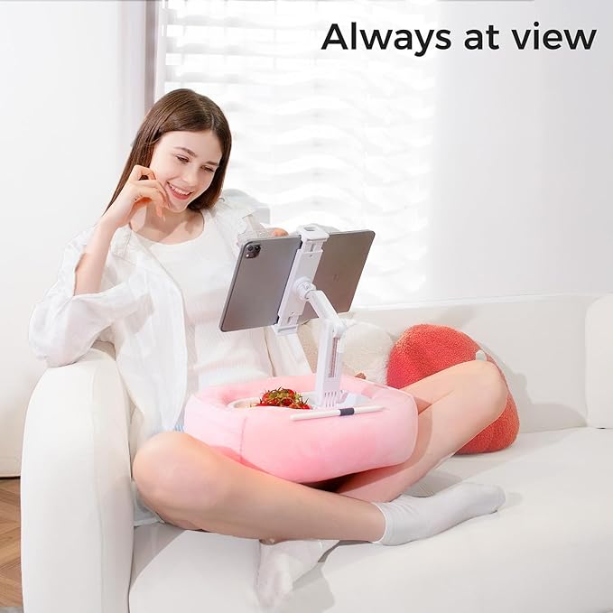 Tablet Pillow Stand, Adjustable Kindle Holder with 2 Snack Bowls, 360° Adjustable iPad Stand for Bed with 4.7''-13'' iPad, Kindle, Phone, Gift for Reading Accessories on Bed, Sofa, Pink