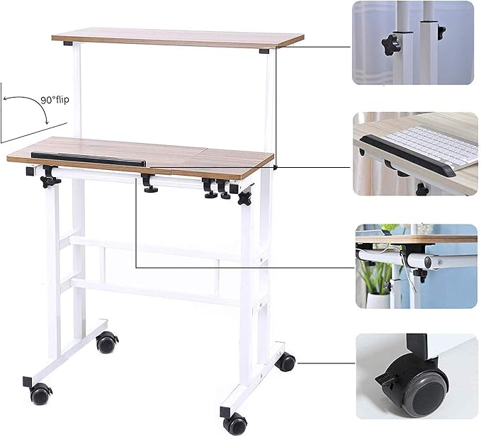sogesfurniture Mobile Standing Desk, Portable Stand Up Desk, Small Adjustable Standing Desk Converter with Wheels Home Office Workstation, Rolling Desk Laptop Cart for Standing or Sitting, Oak