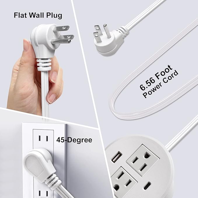 Desk Power Grommet USB C Total 30W, 3.15 Inch PD Fast Charge Desktop Power Strip 2 Outlets 2 USB Ports Recessed Flat Plug Extension Cord Mount into Countertop Shelf Cabinet End Table. (White)