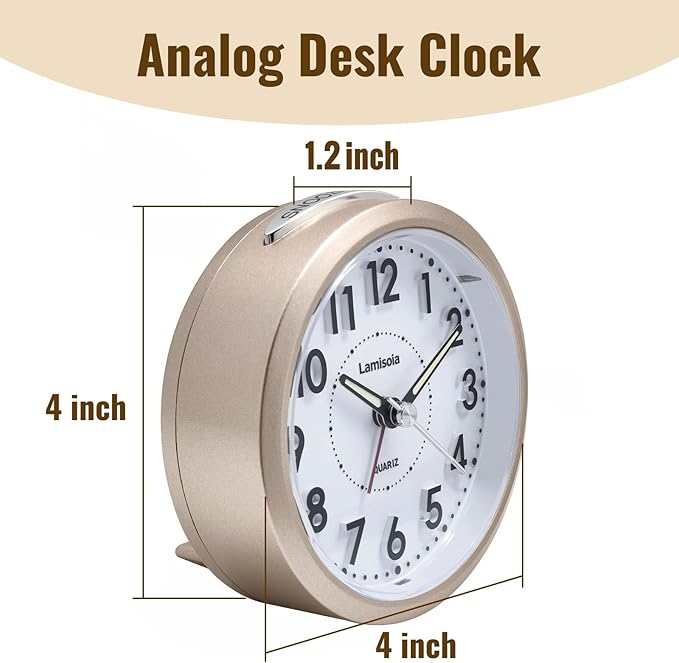 Lamisola Small Alarm Clocks for Bedrooms, 4 Inch Analog Battery Desk Clock, Retro Clock for Bedroom Decoration, Slient, Large Display for Seniors, Loud Alarm Clock for Heavy Sleepers, Champagne Gold