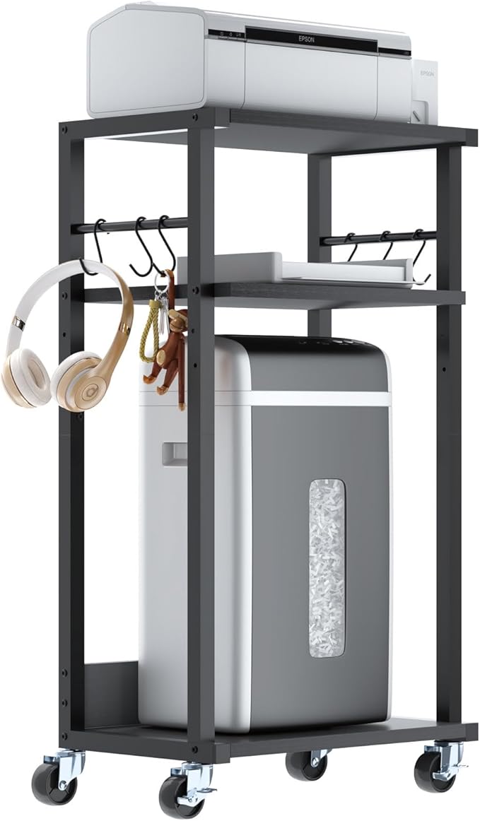 YMYNY Mobile Printer Stand, 3-Tier Printer Cart with Adjustable Storage Shelf and 6 S-Hooks, Tall Printer Table for Home Office, for Computer Tower Stand, Shredder, CPU Stand, Black, UHPT002B