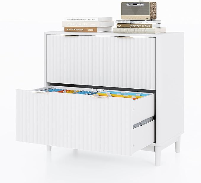 VINGLI 2 Drawer File Cabinet, Home Office Filing Organizer, for Letter Legal A4 Size File Folder Storage, Modern Style Fluted Design, Wood Lateral Filing Cabinet, Printer Stand, Archivador, White