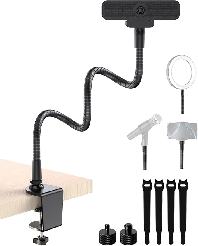 19-inch Gooseneck Webcam Mount Stand for Desk, Heavy-Duty Table Clamp & Flexible Arm for Logitech Webcam BRIO 4K C920 C920s C922 C922x C925e C930 C930e C960 C615 NexiGo N60, Cam with 1/4" Thread