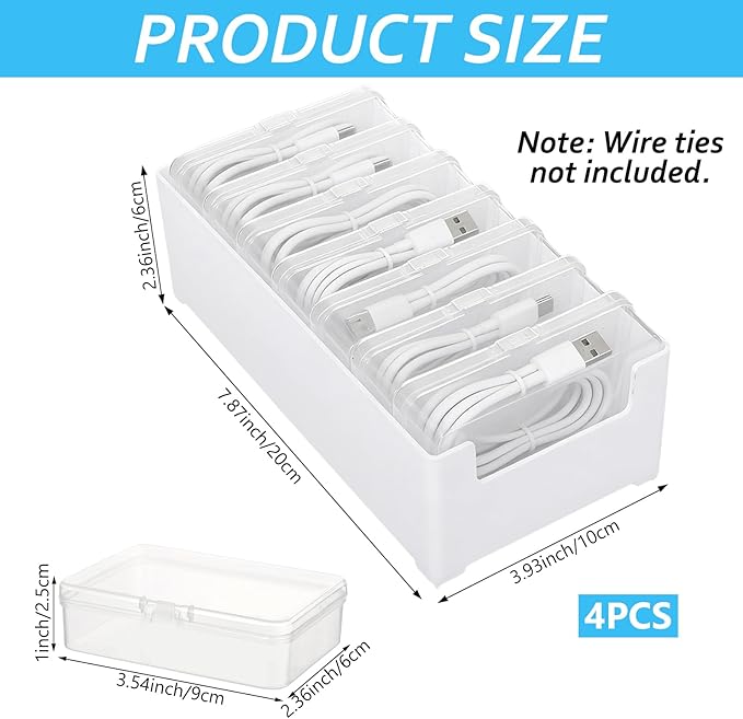 4 Set Cable Organizer Box with 7 Clear Switch Case Power Cord Organizer Desktop Cable Management Box Desktop Charger Cord Storage Organizer Box for Office Home Desk Accessories Stationery Supplies