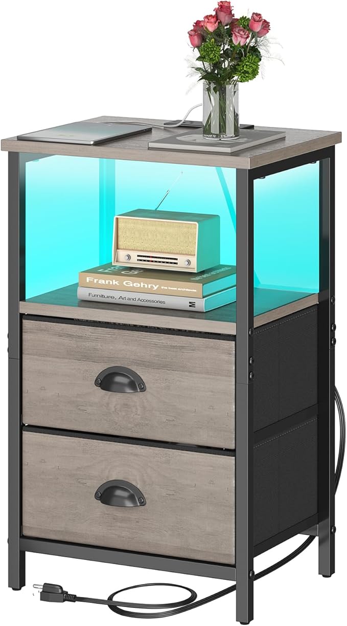 sthmec Nightstand with Charging Station, LED Night Stand with 2 Fabric Drawers, Grey Bedside Tables End Table with Drawers, 2-Tier Storage Side Table Nightstand with Drawers for Bedroom, Grey