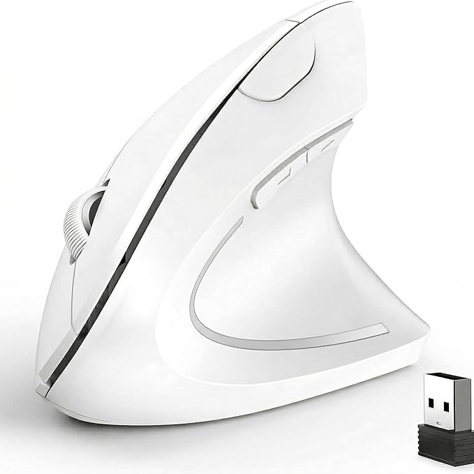 Ergonomic Vertical Wireless Mouse Stylish Rechargeable 2.4G Optical Mice Cordless Mouse with USB Receiver, 800/1200 /1600 DPI, 5 Buttons for Laptop,PC,Mac,Computer (White)