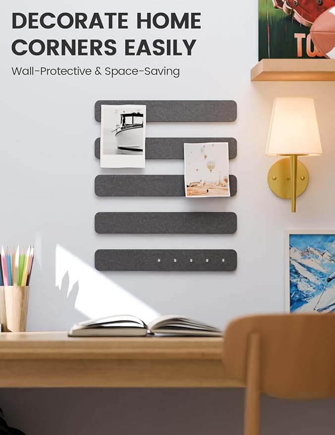 Fluxynara Cork Board Alternative Felt Strip Board 8-Pack 13"x2", Office Pin Board with 50 Push Pins, Adhesive Install for Bedroom Door & Home Office(Charcoal Gray)