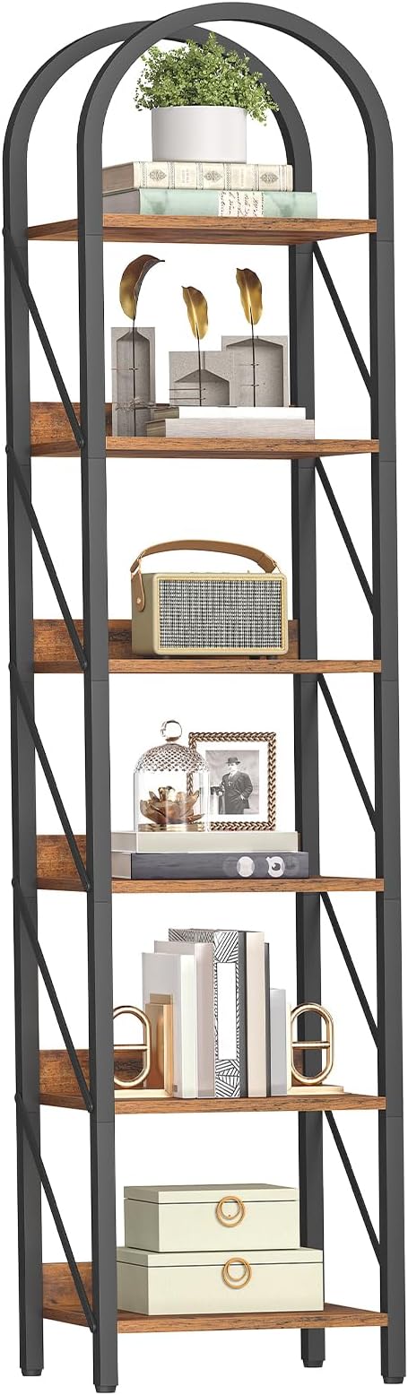 HOOBRO Bookshelf, 6-Tier Arched Bookshelf, Industrial Bookcase with Metal Frame, Tall Book Shelf Storage Organizer for Living Room, Office, Bedroom, Rustic Brown and Black BF426SJ01