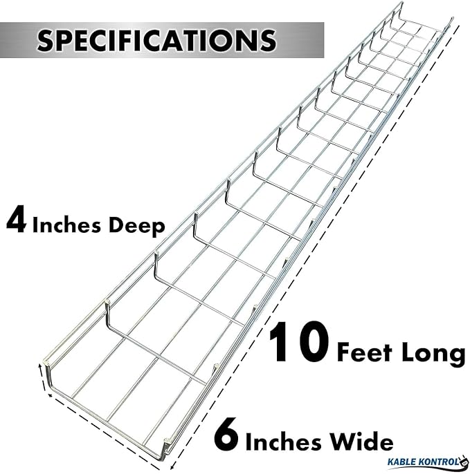 Kable Kontrol Stainless Steel Cable Tray Bulk Pack – 6 Pcs - 10 Feet Long - 6" W, 4” D – Wire Mesh Tray Cable Management Rack Cords Organizer Cable Basket, NEC Approved for Network, Fiber Optic