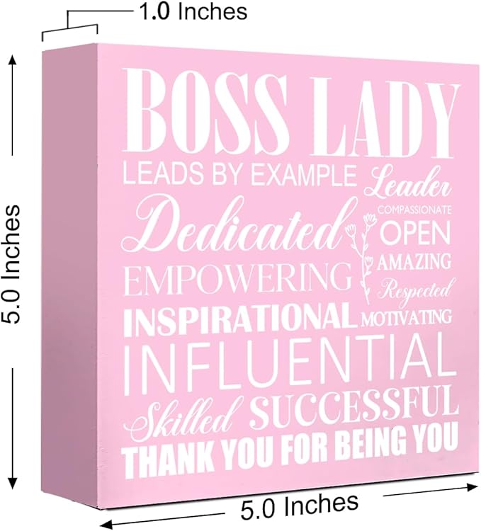 LVQHI Pink Office Desk Accessories, Boss Lady Leads Sign Wooden Box, Inspirational Desk Decor For Hr Women, Small Encouraging Office Cubicle Table Decoration Signs Wall Decor 5"L x 5"W x 1.2"H