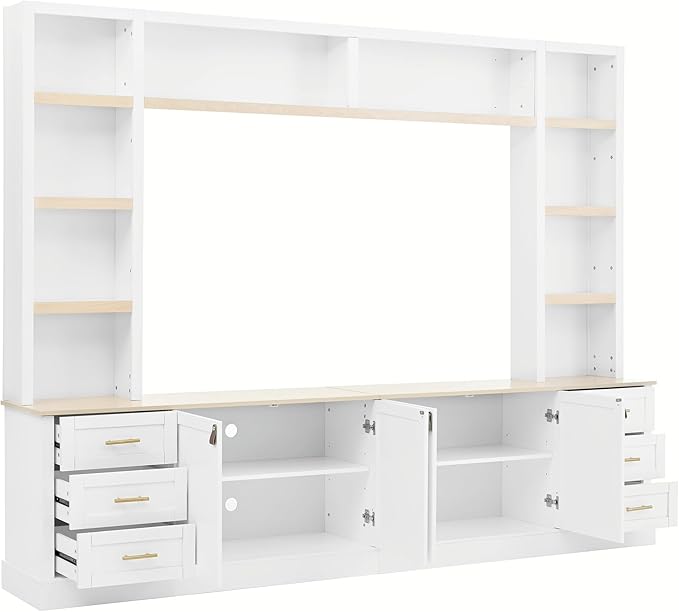 102.3"W Farmhouse 4-Piece Entertainment Center Wall Unit with Adjustable Shelves, Modern Large TV Stand with Bookshelves for TVs Up to 75", Rustic Media Console with 6 Drawers for Living Room, White