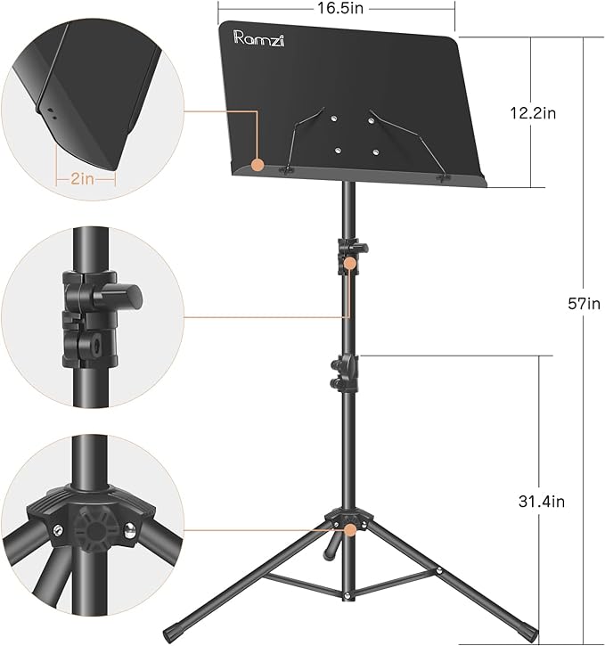 Ramzi Music Stand For Sheet Music 5 In-1 Dual-Use Desktop Book Stand , Music Stand Light, Carrying Bag, Sheet Music Clip