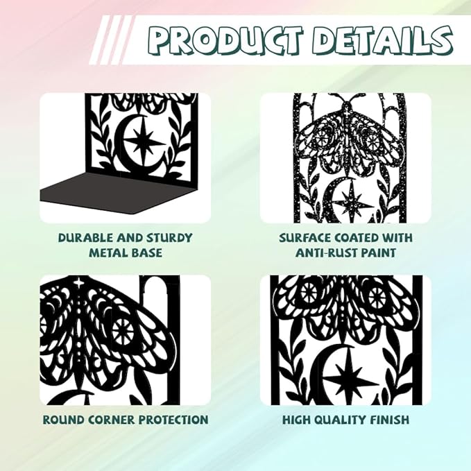 Peacoblue Metal Bookends for Shelves, Modern Decorative Heavy Duty Study Book Support Stoppers for Office, Desk, Shelf, Room 5.3"x4.3"x7.9" Cast Iron Simple Tall Bookends, 1 Pair (Moth)