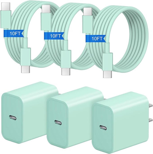 iPhone 17 16 15 Charger Fast Charging 3+3Pack 20W USB C Wall Charger with 10FT Fast Charging Cable Compatible with iPhone 17/17 Air/17 Pro/17 Pro Max/iPhone 16/15 Series, iPad Pro/AirPods -Green