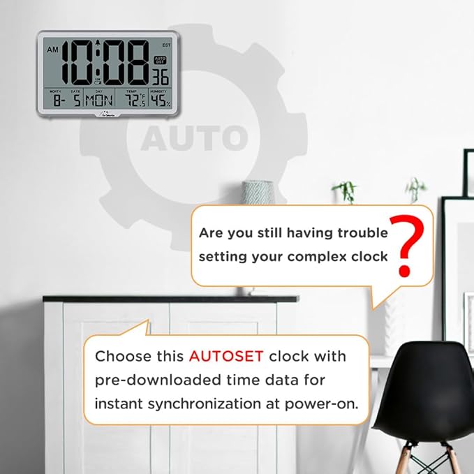 WallarGe Auto Set Digital Wall Clock Battery Operated, Desk Clocks with Temperature, Humidity and Date