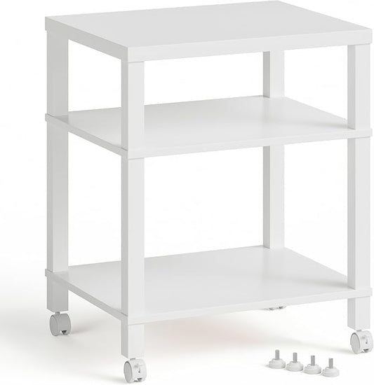3-Tier Printer Stand with Wheels, Large Under Desk Rolling Cart for Office Storage, Heavy Duty Machine Stand with Adjustable Shelf, 22.04"x17.71"x26.54", White