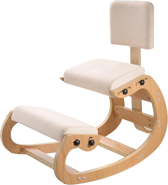 VEVOR Ergonomic Kneeling Chair, Wooden Posture Knee Chair with Adjustable Thick Foam Cushions, Backrest and Wood Frame, Adjustable Height, Relief for Neck or Back Pain for Home, Office or Meditation