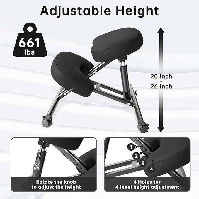 PU Leather Ergonomic Kneeling Chair, Adjustable Home and Office Stool with Thick Pads and Flexible Lockable Brake Wheels for Back Pain Relief (Light Black)