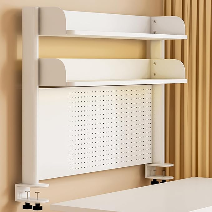 Clamp On Desk Shelf Pegboard Stand Desk Back Panel, White Desktop Bookshelf Storage Shelves, Space Saving Tabletop Display Rack Organization(60 * 95cm)
