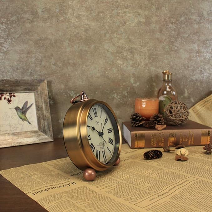 Maxspace Metal Golden Table Clock, Retro Vintage Non-Ticking Small Alarm Clock,Battery Operated Silent Quartz Movement HD Glass Desk Clock for Bedroom Living Room Indoor Decoration Kids… (Roman2)