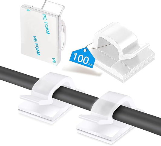 Abnii 100PCS Cable Clips, Adhesive Wire Clips Organizer Cord Clips Management, Cable Staples Outdoor Strong for Wall, Desk, Christmas Lights, String Lights, TV PC Ethernet Cable, Clear Small