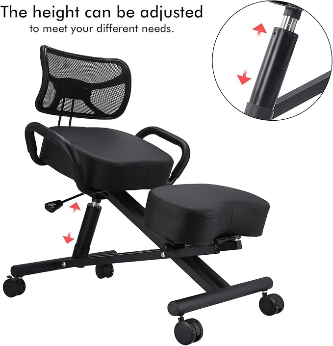 Ergonomic Height Adjustable Breathable Kneeling Chair Back Support Kneeling Chair with Leather Cushion Comfortable Mesh Backrest, Spine Alignment Support