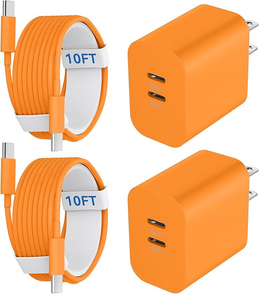 20W Dual Port USB C Charger Block for iPhone 17 16 15 Pro Max Charger Fast Charging with 10FT Long USB C to C Charging Cable Cord for iPhone 17 16 15 Pro Max/17 16 15Pro/15, Android Phone-Orange