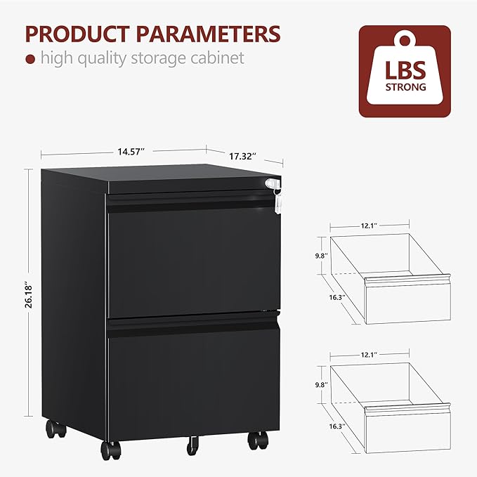 RAVIGIN 2 Drawer File Cabinet，Mobile Filing Cabinet with Lock and Wheels，Un-Assembled Metal Under Desk File Cabinets for A4/Letter/Legal Size（Black
